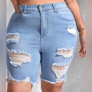 High Waist Ripped Raw Trim Bermuda
Denim Shorts